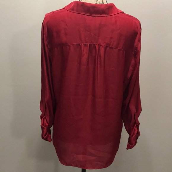 {Chico’s} Satin Red Button Down Roll Tab Blouse - Picture 4 of 6